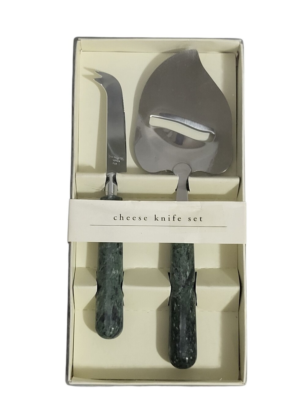 2-Pc Pier 1 Cheese Knife Set Green Marble Handles Stainless Steel Hostess Gift